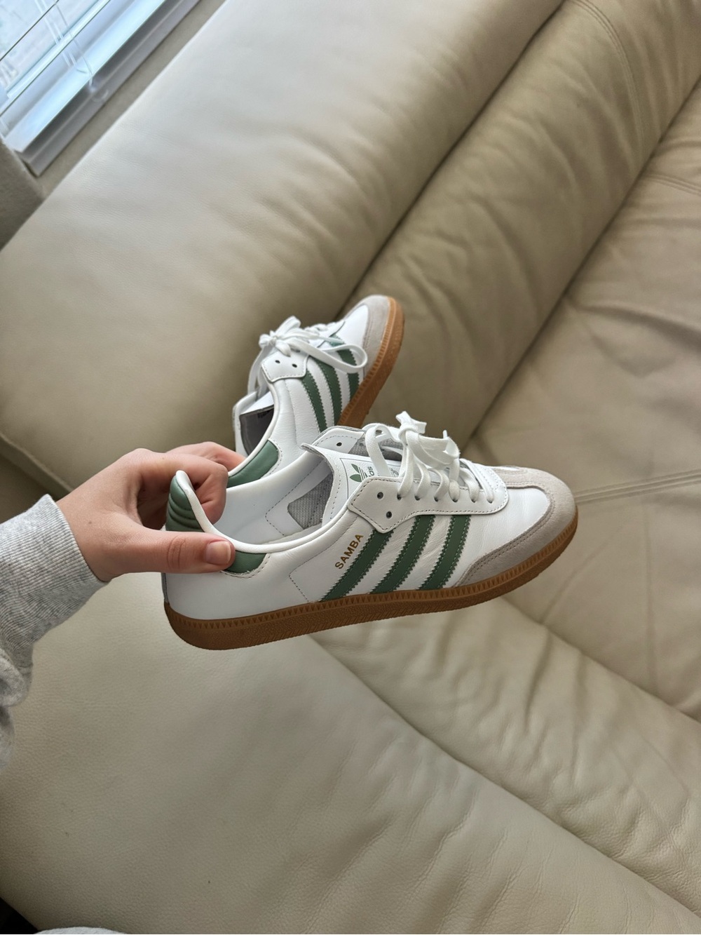 adidas White Sneakers with Green Stripes and Gum Sole